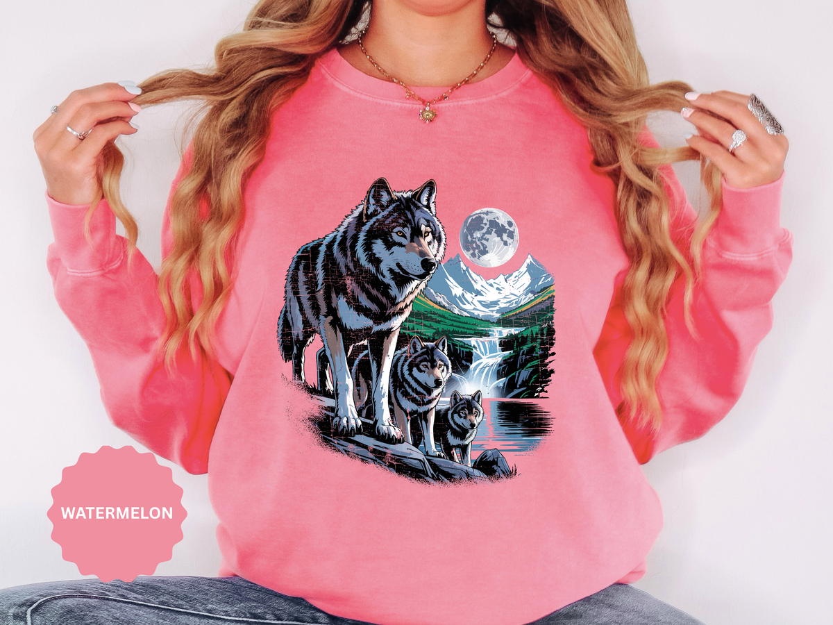 Wolf Pack Mountain Sweatshirt, Moonlit Wildlife Crewneck, Nature Lover Gift, Wilderness Forest Graphic Cozy Outdoor Pullover Unisex Top