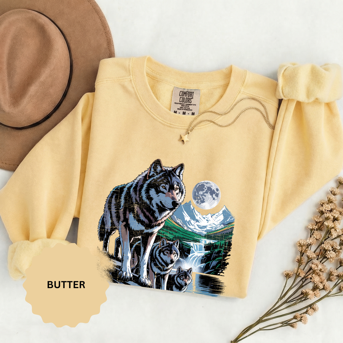 Wolf Pack Mountain Sweatshirt, Moonlit Wildlife Crewneck, Nature Lover Gift, Wilderness Forest Graphic Cozy Outdoor Pullover Unisex Top