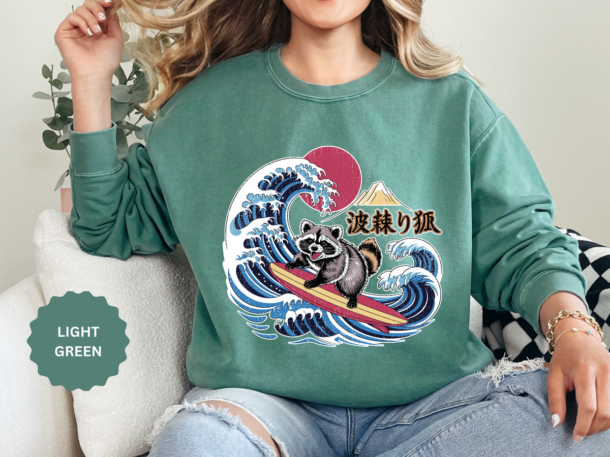 Japanese Surfing Raccoon Sweatshirt, Retro Wave Graphic Crewneck, Funny Animal Surfer Gift, Japan Inspired Beachwear Cozy Pullover