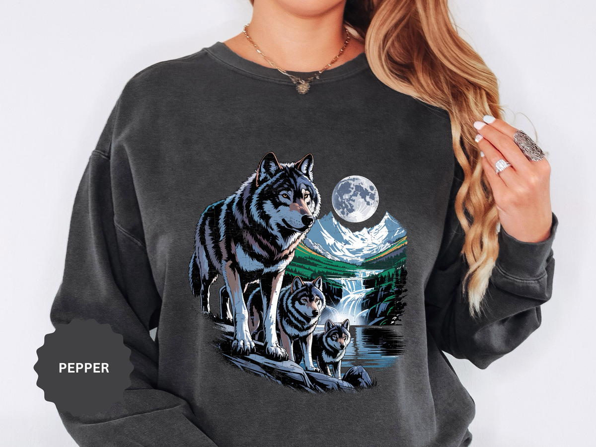 Wolf Pack Mountain Sweatshirt, Moonlit Wildlife Crewneck, Nature Lover Gift, Wilderness Forest Graphic Cozy Outdoor Pullover Unisex Top