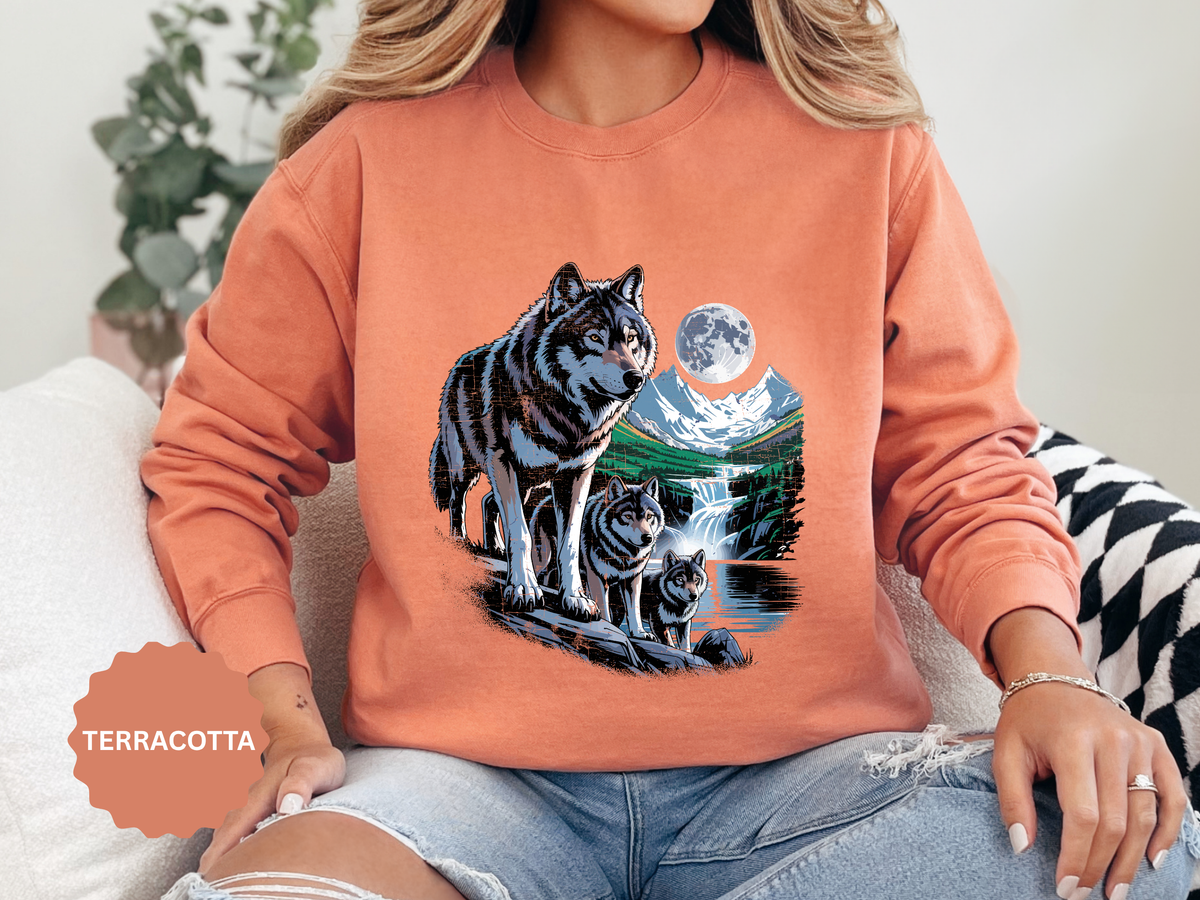 Wolf Pack Mountain Sweatshirt, Moonlit Wildlife Crewneck, Nature Lover Gift, Wilderness Forest Graphic Cozy Outdoor Pullover Unisex Top