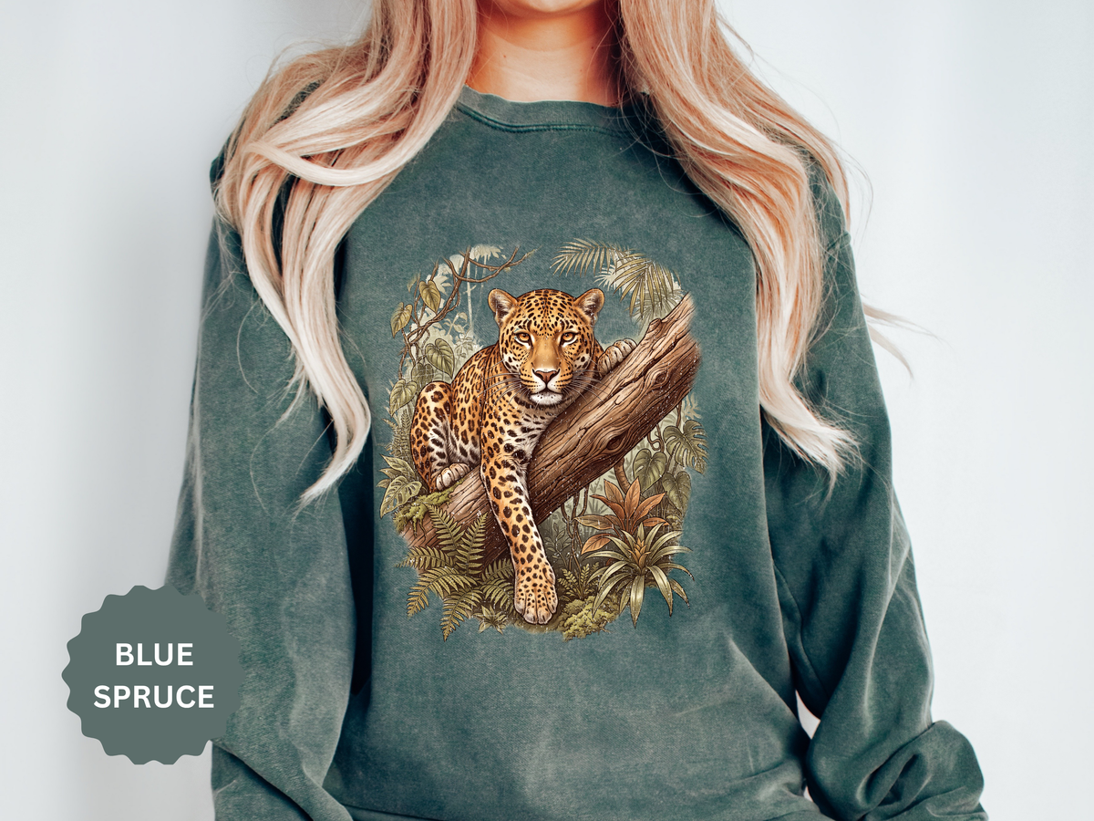 Vintage Leopard Jungle Sweatshirt, Tropical Big Cat Crewneck, Wildlife Nature Lover Gift, Botanical Safari Graphic Cozy Pullover Top