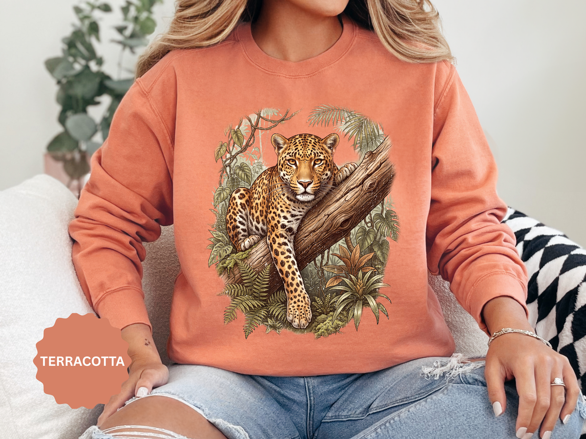 Vintage Leopard Jungle Sweatshirt, Tropical Big Cat Crewneck, Wildlife Nature Lover Gift, Botanical Safari Graphic Cozy Pullover Top