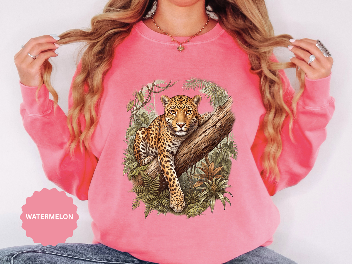 Vintage Leopard Jungle Sweatshirt, Tropical Big Cat Crewneck, Wildlife Nature Lover Gift, Botanical Safari Graphic Cozy Pullover Top