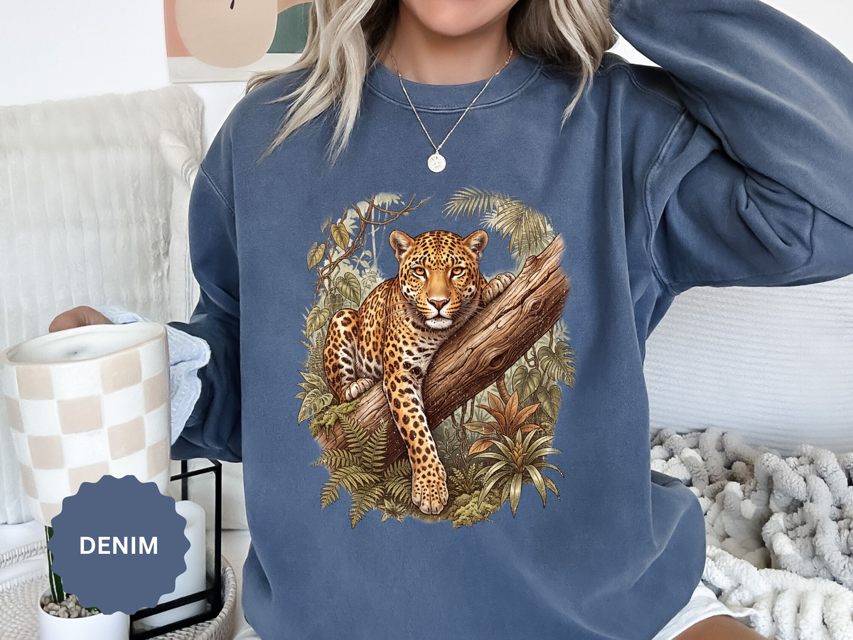 Vintage Leopard Jungle Sweatshirt, Tropical Big Cat Crewneck, Wildlife Nature Lover Gift, Botanical Safari Graphic Cozy Pullover Top