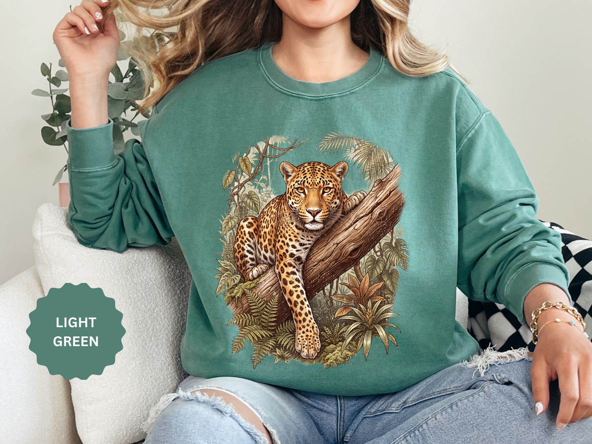 Vintage Leopard Jungle Sweatshirt, Tropical Big Cat Crewneck, Wildlife Nature Lover Gift, Botanical Safari Graphic Cozy Pullover Top