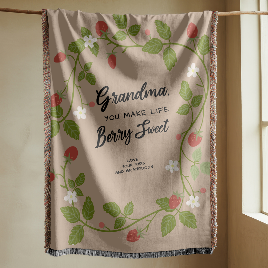 Grandma Berry Sweet Woven Blanket, Strawberry Floral Throw, Grandmother Gift, Cozy Cottagecore Decor, Personalized Family Keepsake