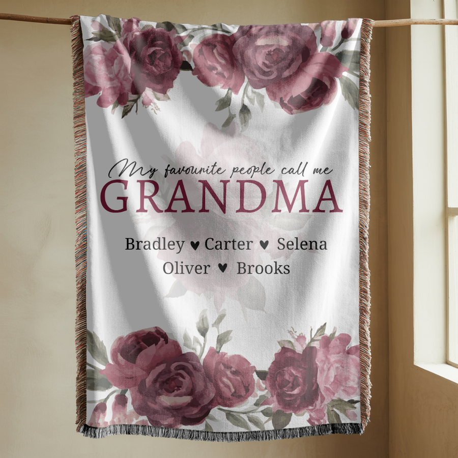 Personalized Grandma Woven Blanket, Rose Floral Throw, Grandmother Gift, Custom Family Keepsake, Nana Birthday Gift, Cozy Living Room Decor
