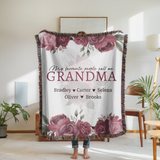 Personalized Grandma Woven Blanket, Rose Floral Throw, Grandmother Gift, Custom Family Keepsake, Nana Birthday Gift, Cozy Living Room Decor