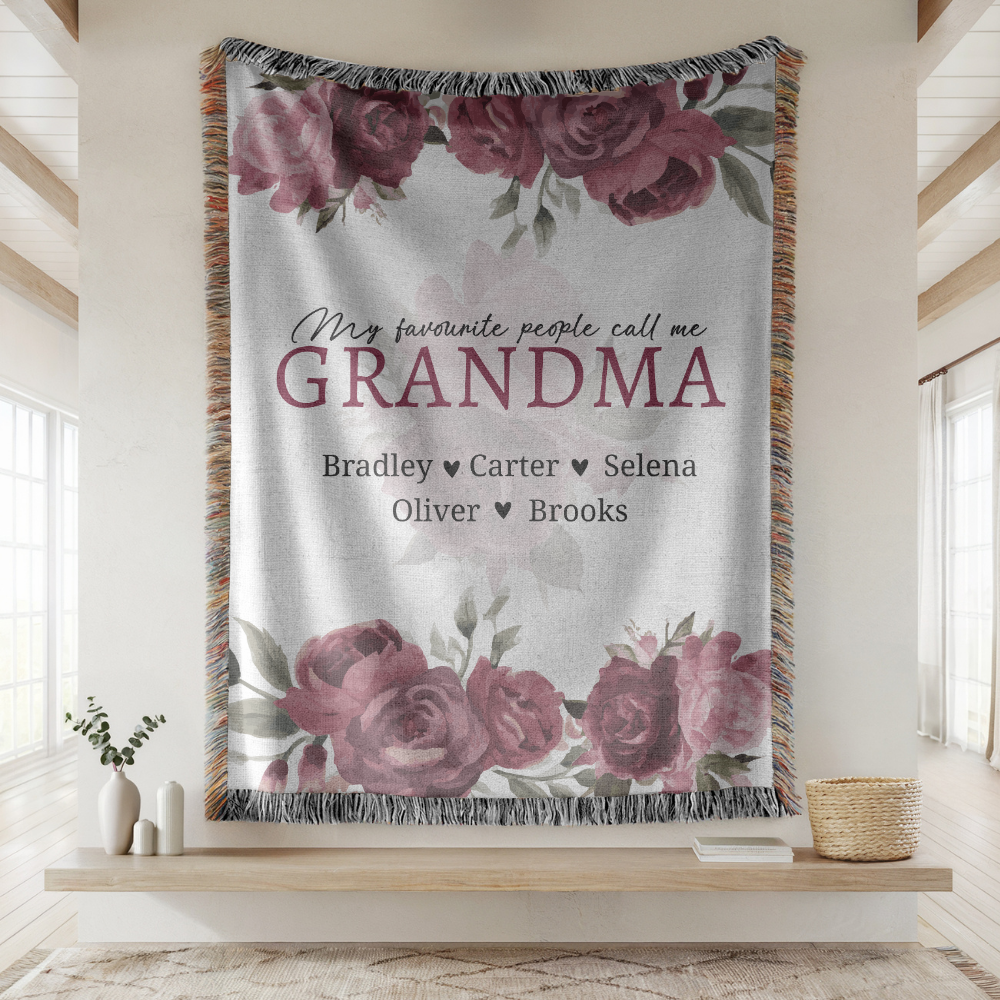 Personalized Grandma Woven Blanket, Rose Floral Throw, Grandmother Gift, Custom Family Keepsake, Nana Birthday Gift, Cozy Living Room Decor