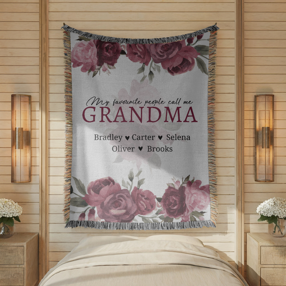 Personalized Grandma Woven Blanket, Rose Floral Throw, Grandmother Gift, Custom Family Keepsake, Nana Birthday Gift, Cozy Living Room Decor