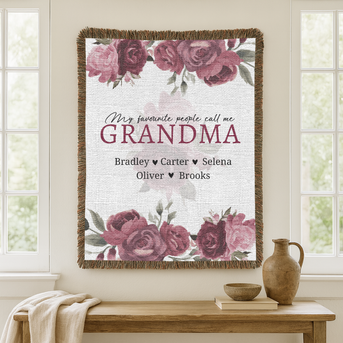 Personalized Grandma Woven Blanket, Rose Floral Throw, Grandmother Gift, Custom Family Keepsake, Nana Birthday Gift, Cozy Living Room Decor
