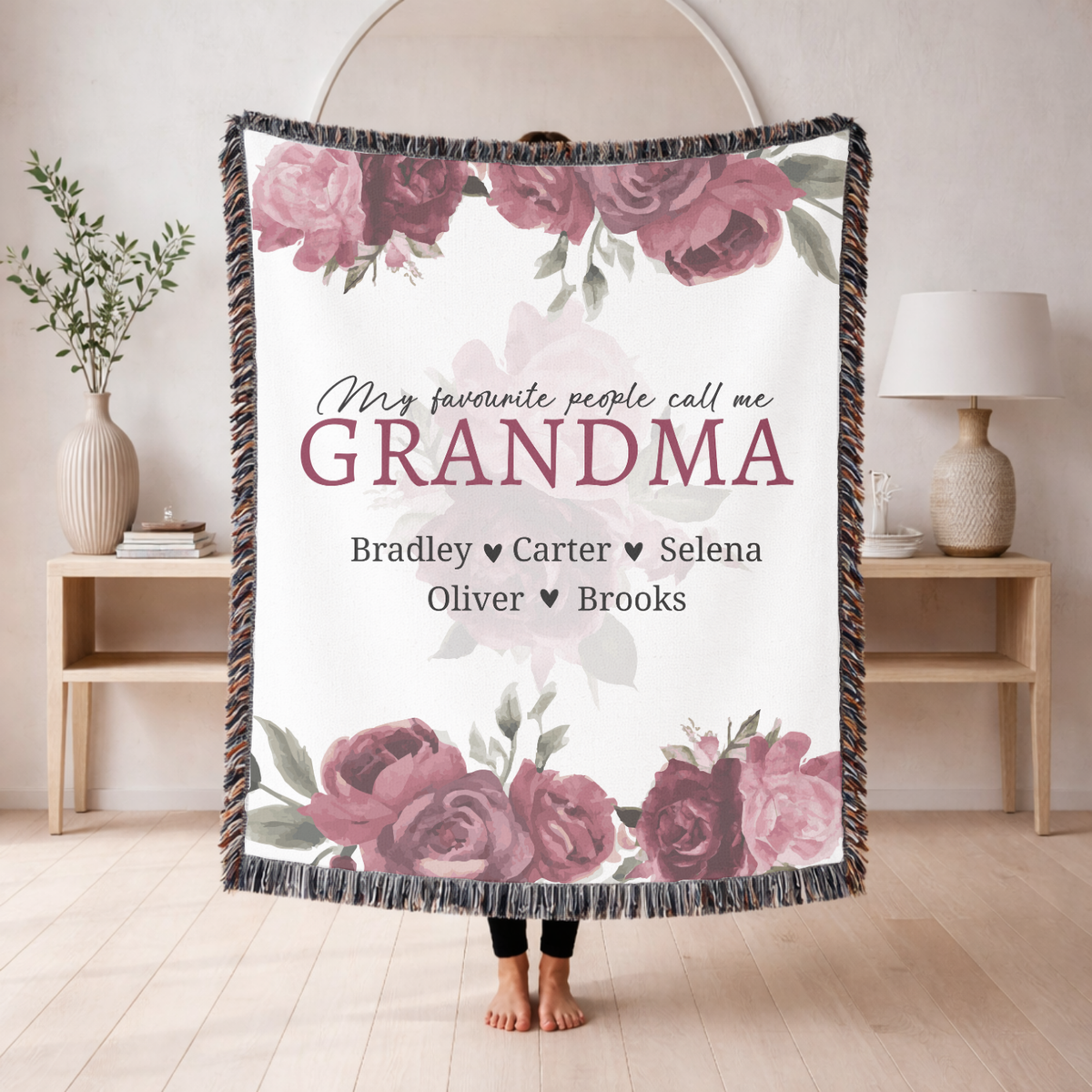 Personalized Grandma Woven Blanket, Rose Floral Throw, Grandmother Gift, Custom Family Keepsake, Nana Birthday Gift, Cozy Living Room Decor