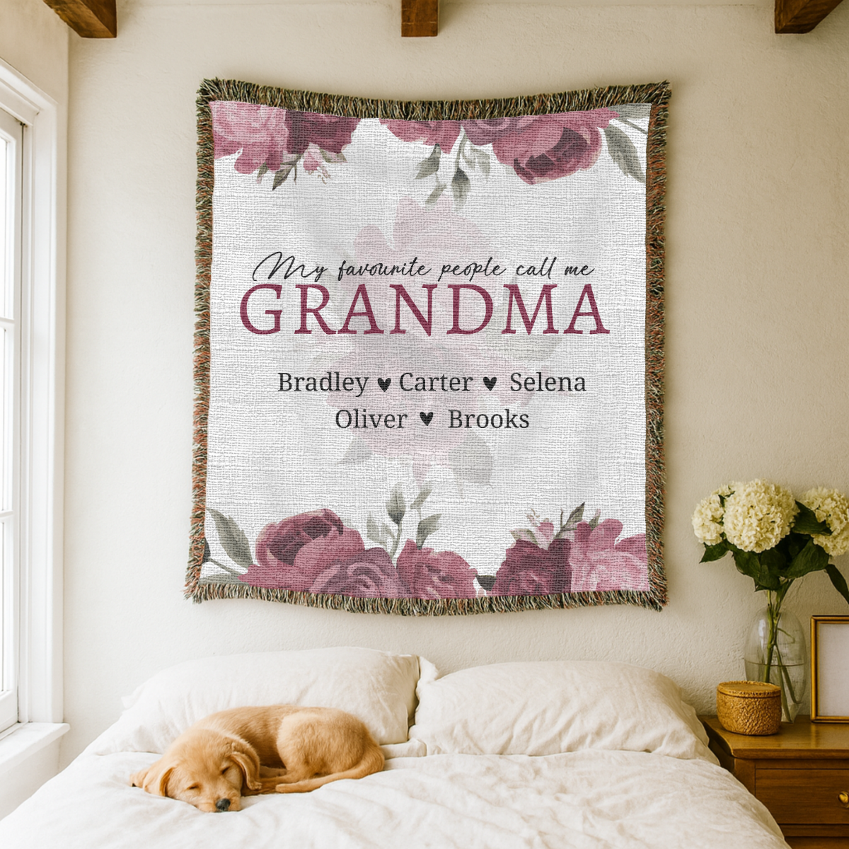 Personalized Grandma Woven Blanket, Rose Floral Throw, Grandmother Gift, Custom Family Keepsake, Nana Birthday Gift, Cozy Living Room Decor