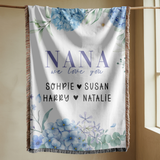 Personalized Nana Woven Blanket, Blue Hydrangea Floral Throw, Grandma Gift, Family Keepsake, Cozy Mother's Day Home Decor for Nana & Family