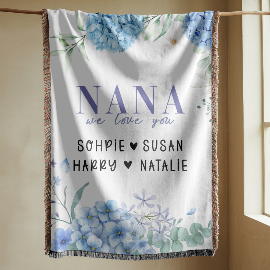 Personalized Nana Woven Blanket, Blue Hydrangea Floral Throw, Grandma Gift, Family Keepsake, Cozy Mother's Day Home Decor for Nana & Family
