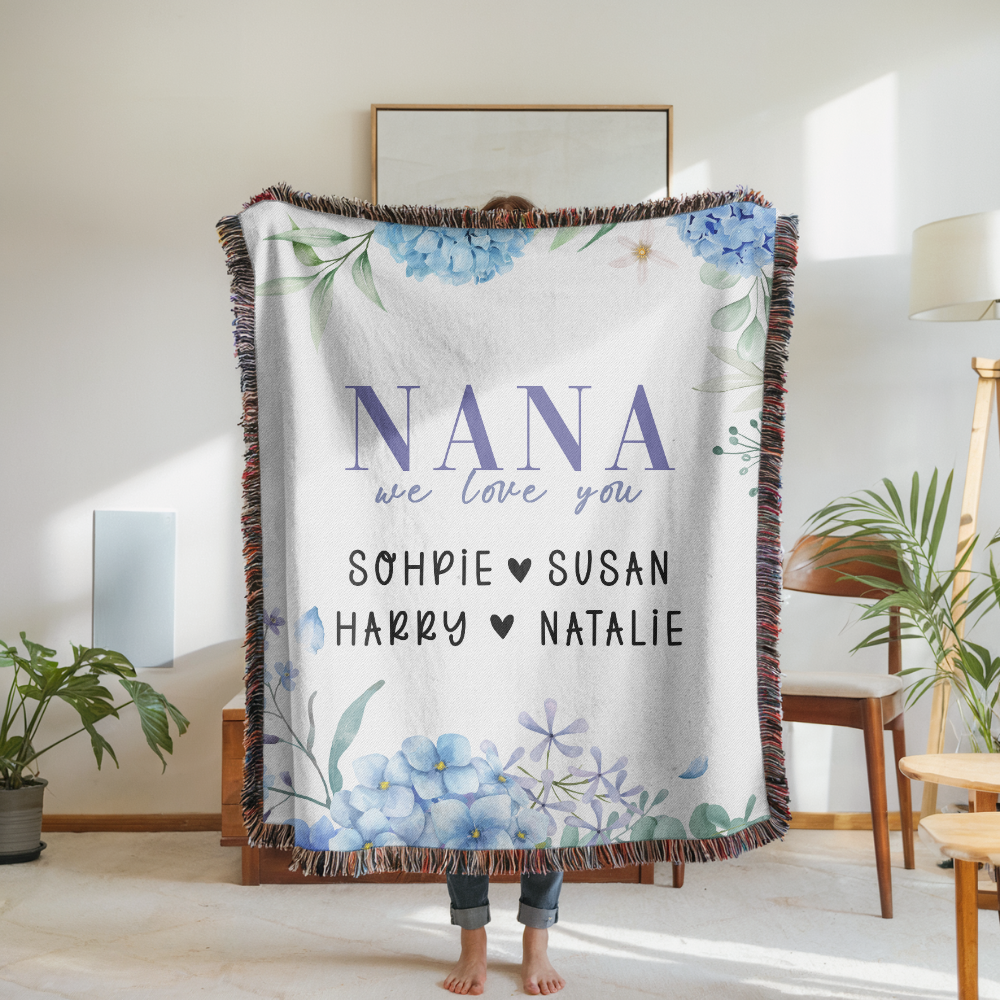 Personalized Nana Woven Blanket, Blue Hydrangea Floral Throw, Grandma Gift, Family Keepsake, Cozy Mother's Day Home Decor for Nana & Family