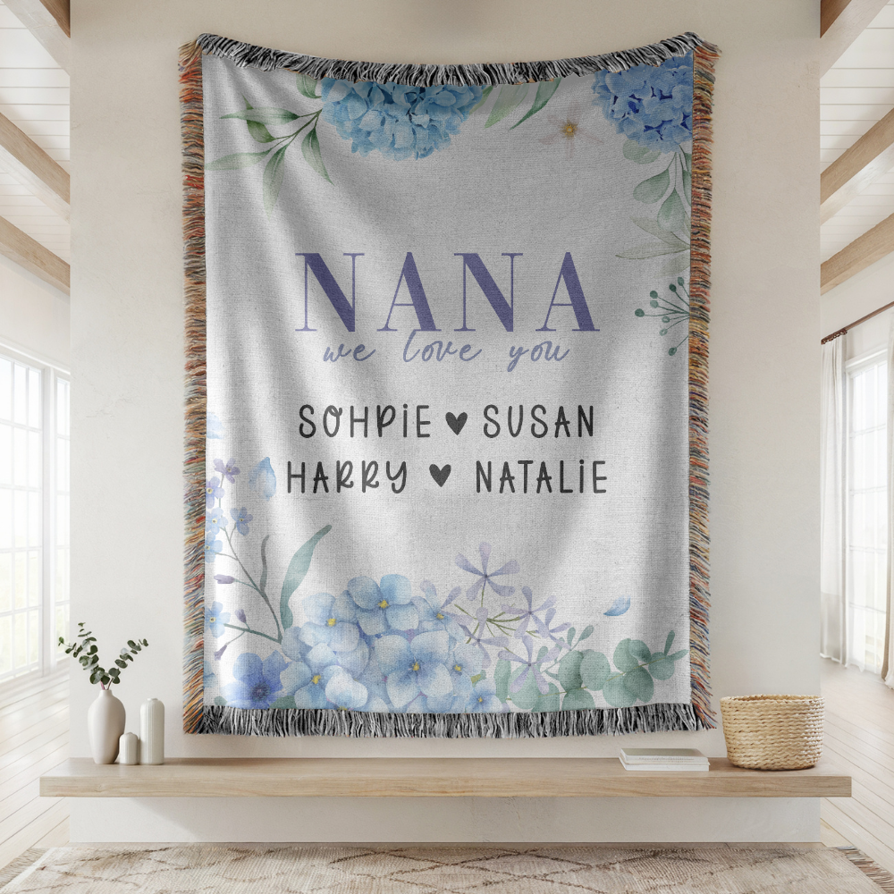 Personalized Nana Woven Blanket, Blue Hydrangea Floral Throw, Grandma Gift, Family Keepsake, Cozy Mother's Day Home Decor for Nana & Family