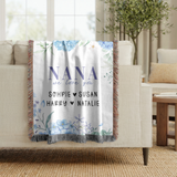 Personalized Nana Woven Blanket, Blue Hydrangea Floral Throw, Grandma Gift, Family Keepsake, Cozy Mother's Day Home Decor for Nana & Family