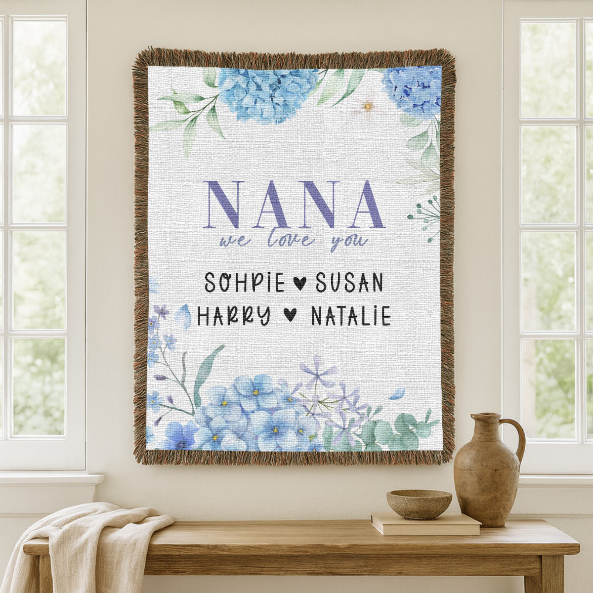 Personalized Nana Woven Blanket, Blue Hydrangea Floral Throw, Grandma Gift, Family Keepsake, Cozy Mother's Day Home Decor for Nana & Family