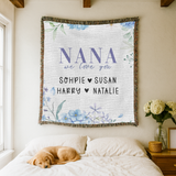 Personalized Nana Woven Blanket, Blue Hydrangea Floral Throw, Grandma Gift, Family Keepsake, Cozy Mother's Day Home Decor for Nana & Family