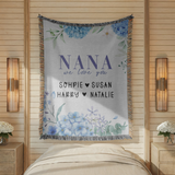 Personalized Nana Woven Blanket, Blue Hydrangea Floral Throw, Grandma Gift, Family Keepsake, Cozy Mother's Day Home Decor for Nana & Family
