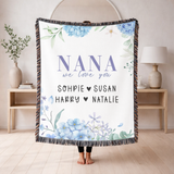 Personalized Nana Woven Blanket, Blue Hydrangea Floral Throw, Grandma Gift, Family Keepsake, Cozy Mother's Day Home Decor for Nana & Family