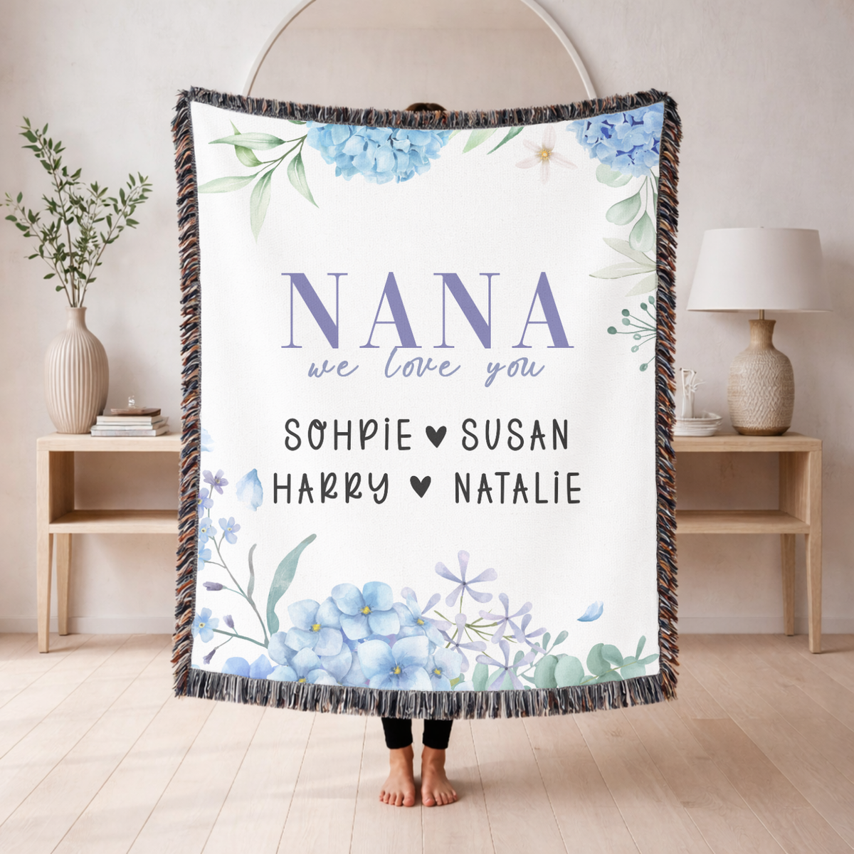 Personalized Nana Woven Blanket, Blue Hydrangea Floral Throw, Grandma Gift, Family Keepsake, Cozy Mother's Day Home Decor for Nana & Family
