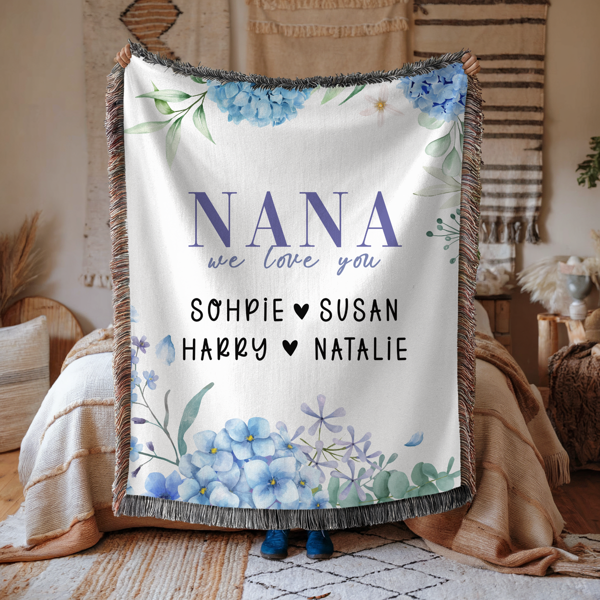 Personalized Nana Woven Blanket, Blue Hydrangea Floral Throw, Grandma Gift, Family Keepsake, Cozy Mother's Day Home Decor for Nana & Family