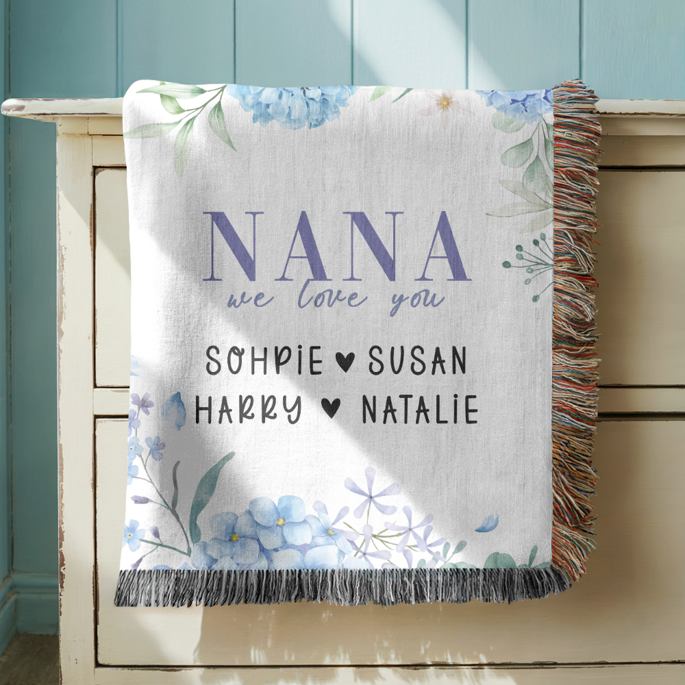 Personalized Nana Woven Blanket, Blue Hydrangea Floral Throw, Grandma Gift, Family Keepsake, Cozy Mother's Day Home Decor for Nana & Family