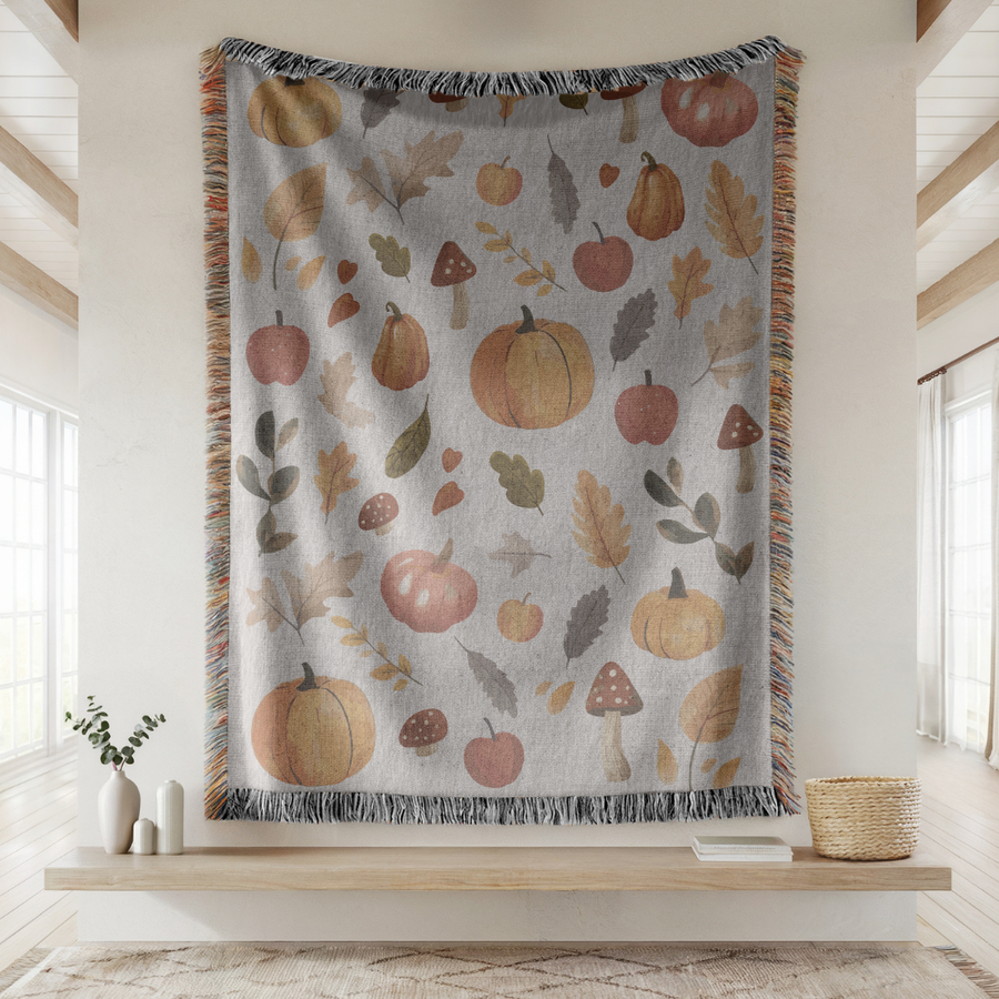 Fall Harvest Woven Blanket, Pumpkin Autumn Throw, Cozy Cottagecore Home Decor, Thanksgiving Gift, Rustic Farmhouse Blanket for Fall Lovers
