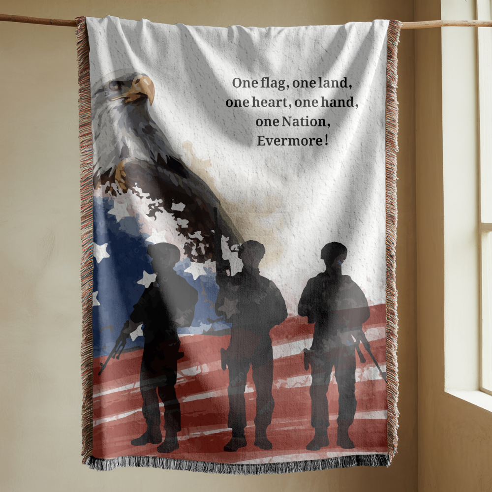 Patriotic Military Woven Blanket, American Eagle Flag Throw, Veteran Family Gift, USA Home Decor, Memorial Day Military Appreciation Gift