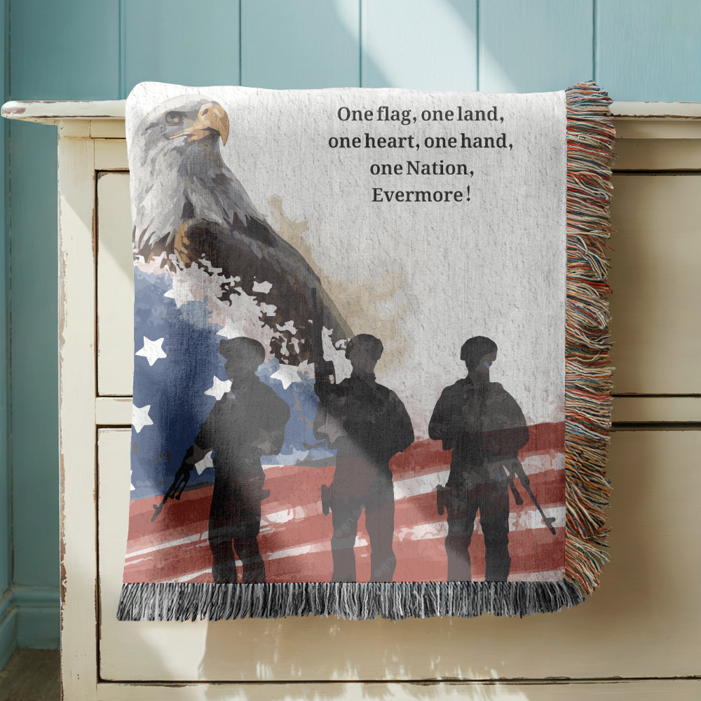 Patriotic Military Woven Blanket, American Eagle Flag Throw, Veteran Family Gift, USA Home Decor, Memorial Day Military Appreciation Gift