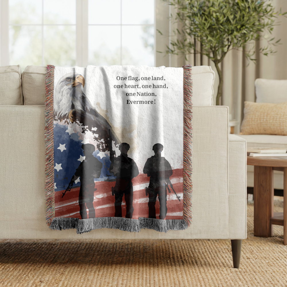 Patriotic Military Woven Blanket, American Eagle Flag Throw, Veteran Family Gift, USA Home Decor, Memorial Day Military Appreciation Gift