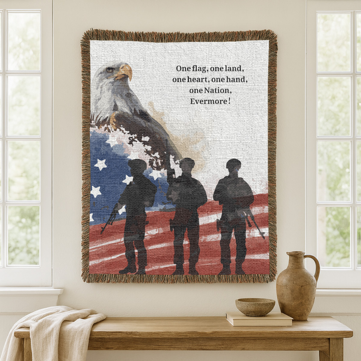 Patriotic Military Woven Blanket, American Eagle Flag Throw, Veteran Family Gift, USA Home Decor, Memorial Day Military Appreciation Gift