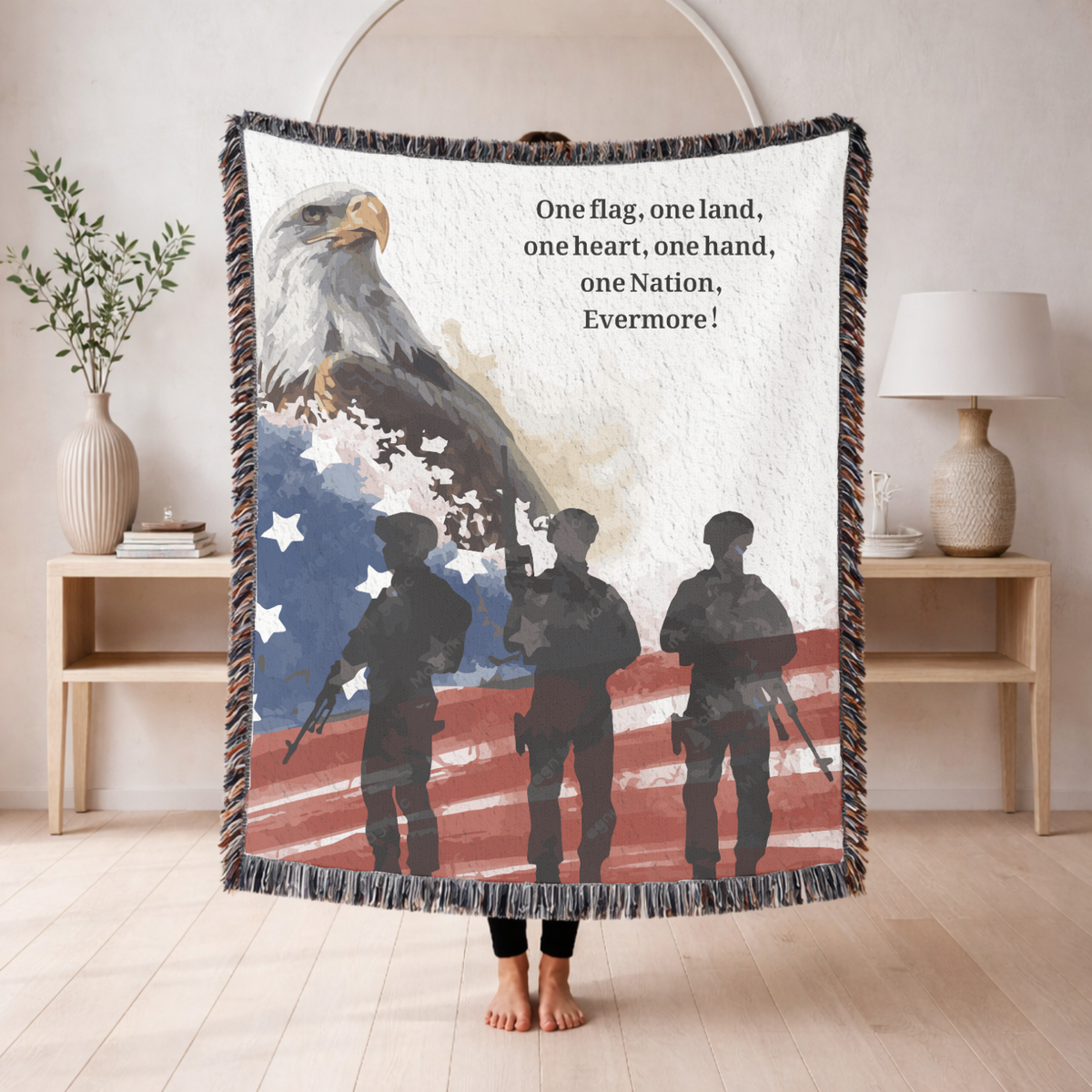 Patriotic Military Woven Blanket, American Eagle Flag Throw, Veteran Family Gift, USA Home Decor, Memorial Day Military Appreciation Gift