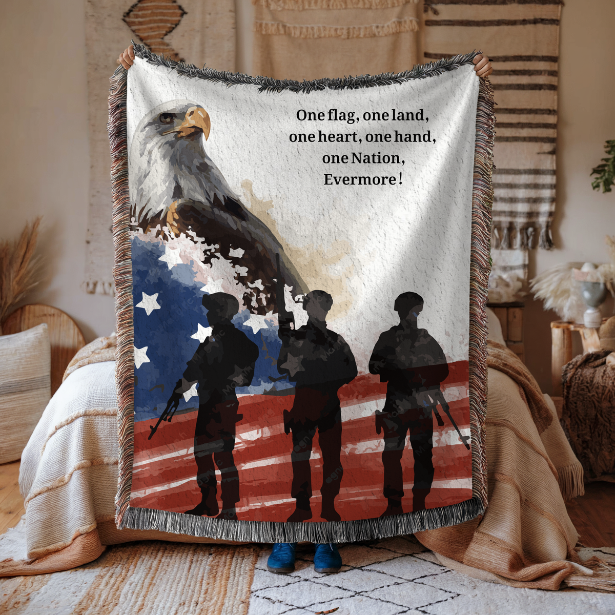 Patriotic Military Woven Blanket, American Eagle Flag Throw, Veteran Family Gift, USA Home Decor, Memorial Day Military Appreciation Gift