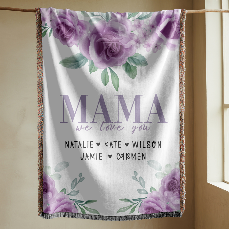 Personalized Mama Blanket, Floral Rose Throw for Mom, Custom Family Name Gift, Mothers Day Gift, Cozy Keepsake for Grandma or Mom