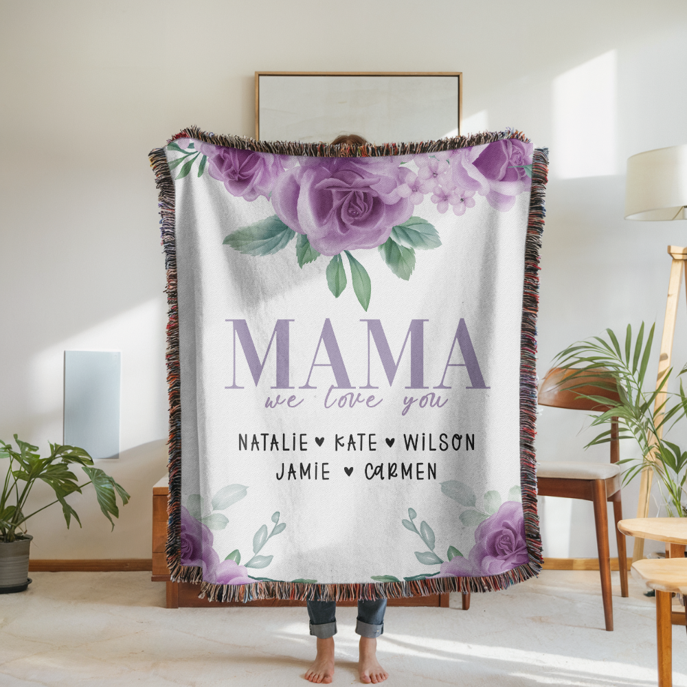 Personalized Mama Blanket, Floral Rose Throw for Mom, Custom Family Name Gift, Mothers Day Gift, Cozy Keepsake for Grandma or Mom