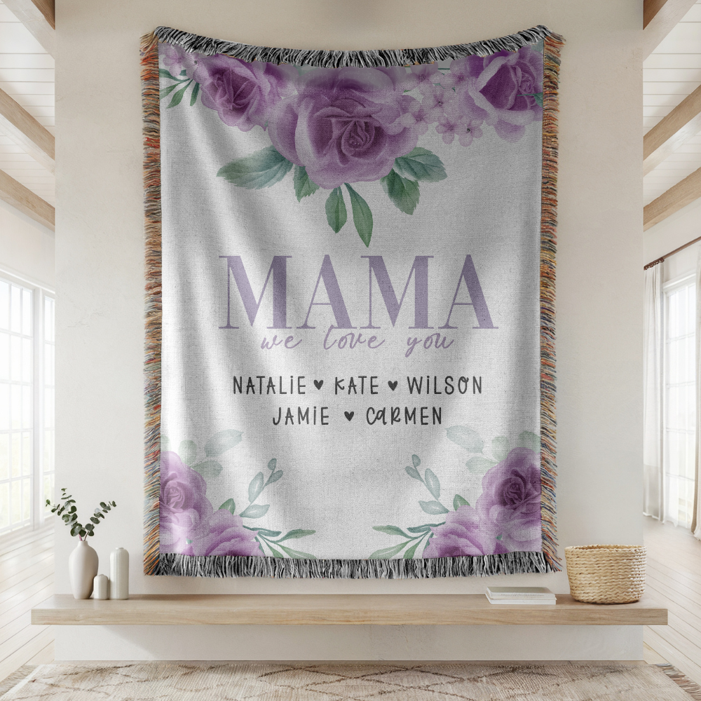 Personalized Mama Blanket, Floral Rose Throw for Mom, Custom Family Name Gift, Mothers Day Gift, Cozy Keepsake for Grandma or Mom