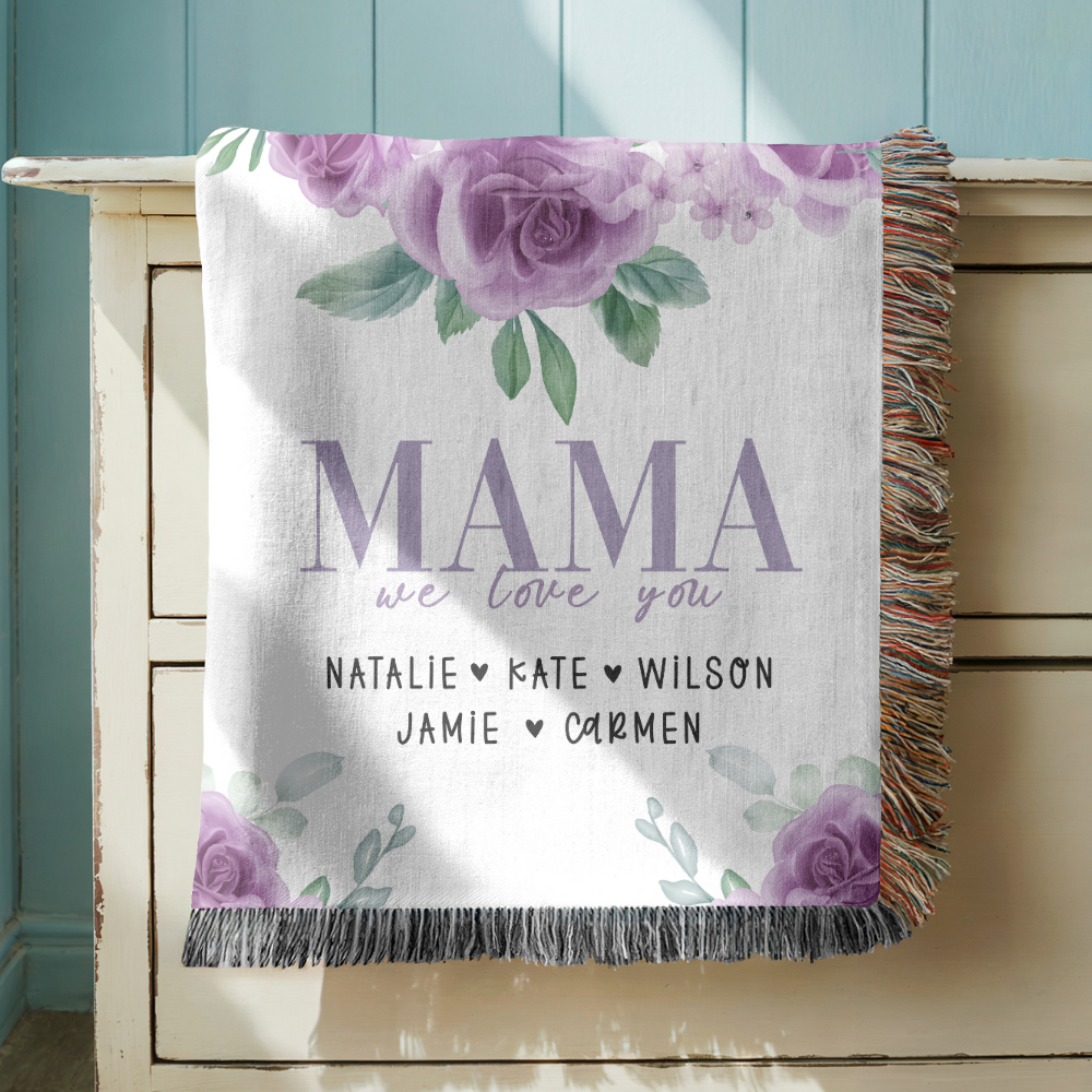 Personalized Mama Blanket, Floral Rose Throw for Mom, Custom Family Name Gift, Mothers Day Gift, Cozy Keepsake for Grandma or Mom