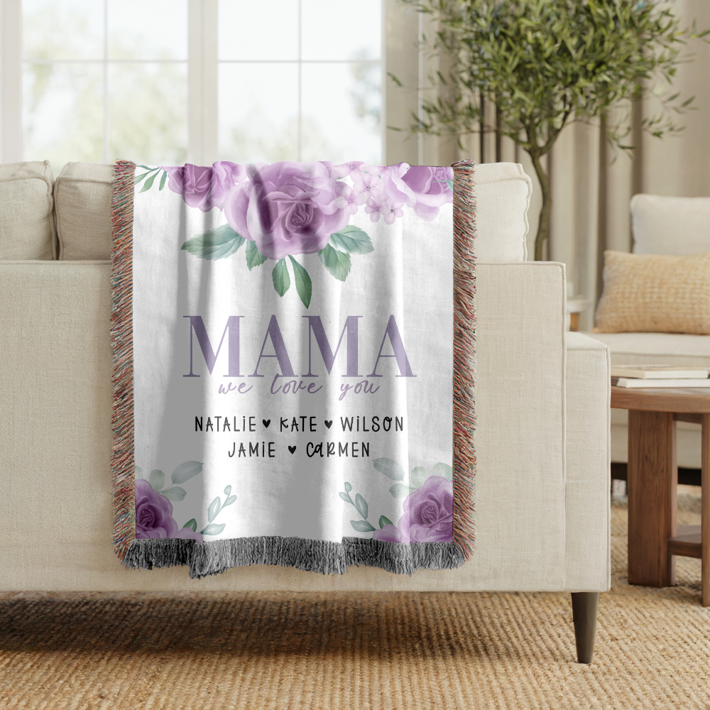 Personalized Mama Blanket, Floral Rose Throw for Mom, Custom Family Name Gift, Mothers Day Gift, Cozy Keepsake for Grandma or Mom