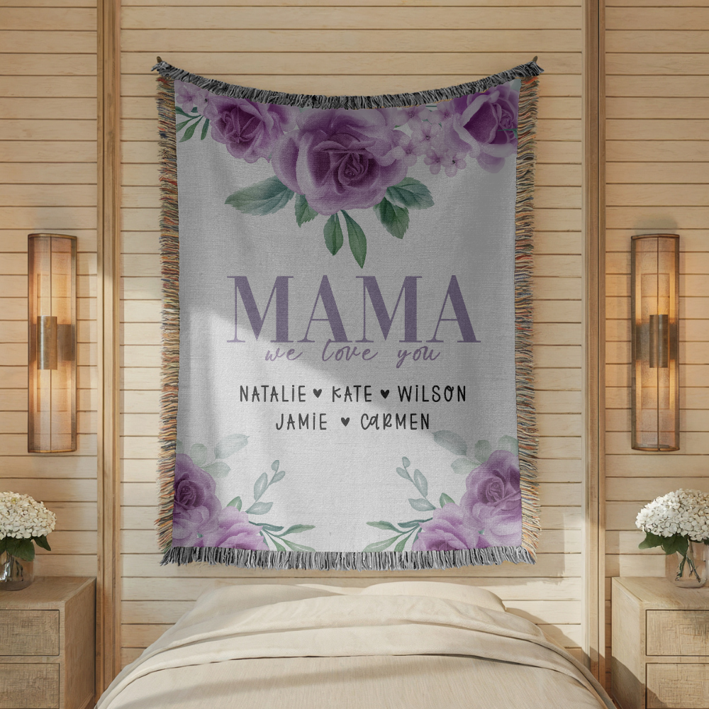 Personalized Mama Blanket, Floral Rose Throw for Mom, Custom Family Name Gift, Mothers Day Gift, Cozy Keepsake for Grandma or Mom