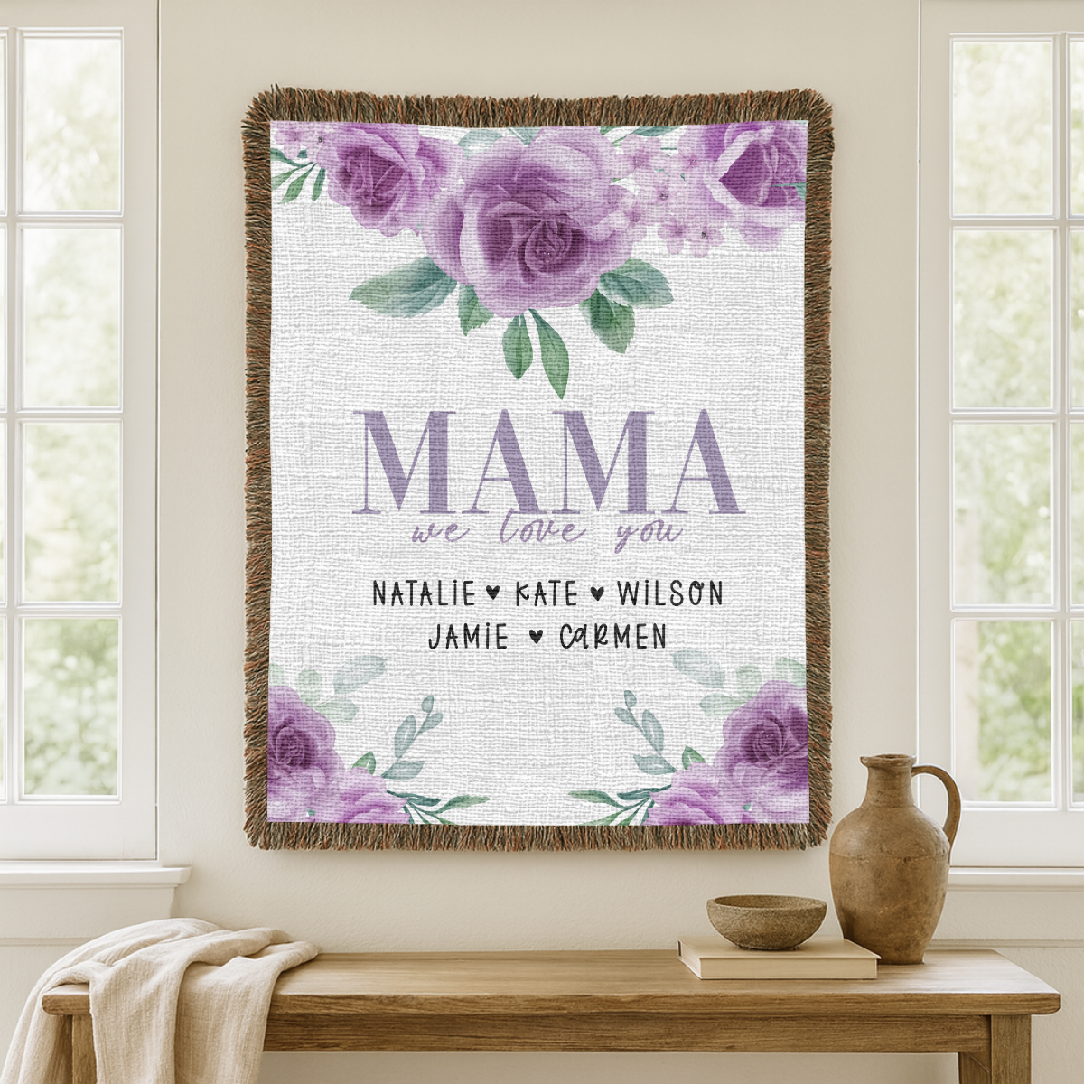 Personalized Mama Blanket, Floral Rose Throw for Mom, Custom Family Name Gift, Mothers Day Gift, Cozy Keepsake for Grandma or Mom