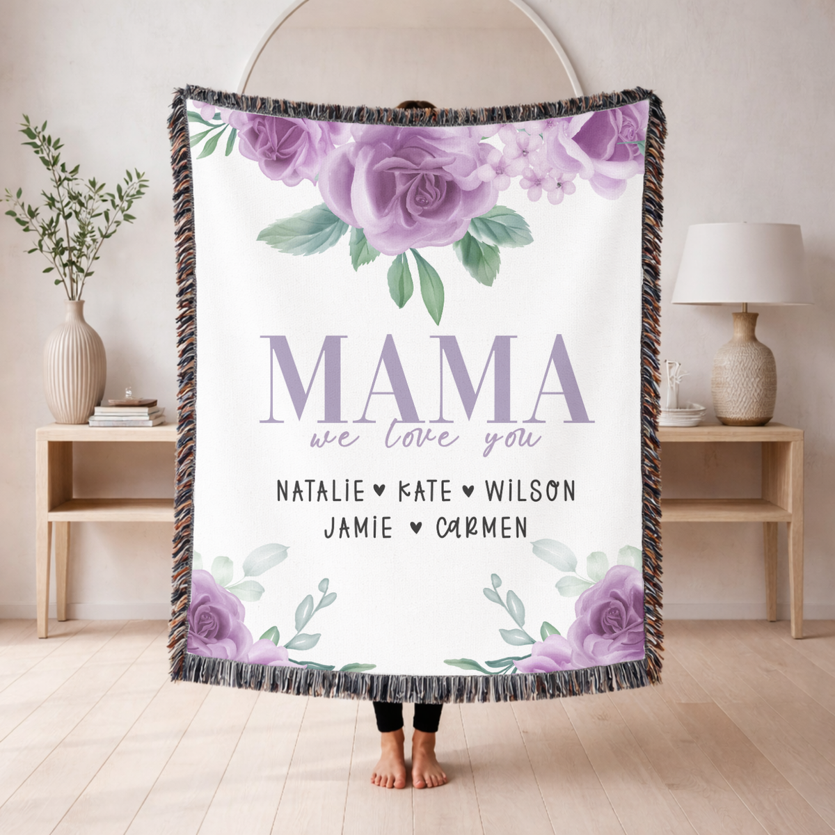 Personalized Mama Blanket, Floral Rose Throw for Mom, Custom Family Name Gift, Mothers Day Gift, Cozy Keepsake for Grandma or Mom