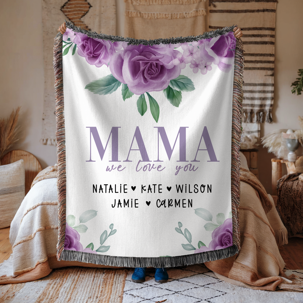 Personalized Mama Blanket, Floral Rose Throw for Mom, Custom Family Name Gift, Mothers Day Gift, Cozy Keepsake for Grandma or Mom