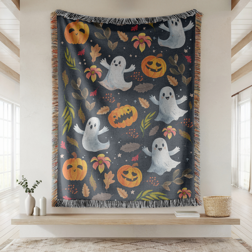 Halloween Ghost Pumpkin Woven Blanket, Cute Spooky Throw, Autumn Home Decor, Cozy Witchy Gift for Halloween Lovers, Ghostly Fall Decor