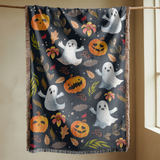 Halloween Ghost Pumpkin Woven Blanket, Cute Spooky Throw, Autumn Home Decor, Cozy Witchy Gift for Halloween Lovers, Ghostly Fall Decor