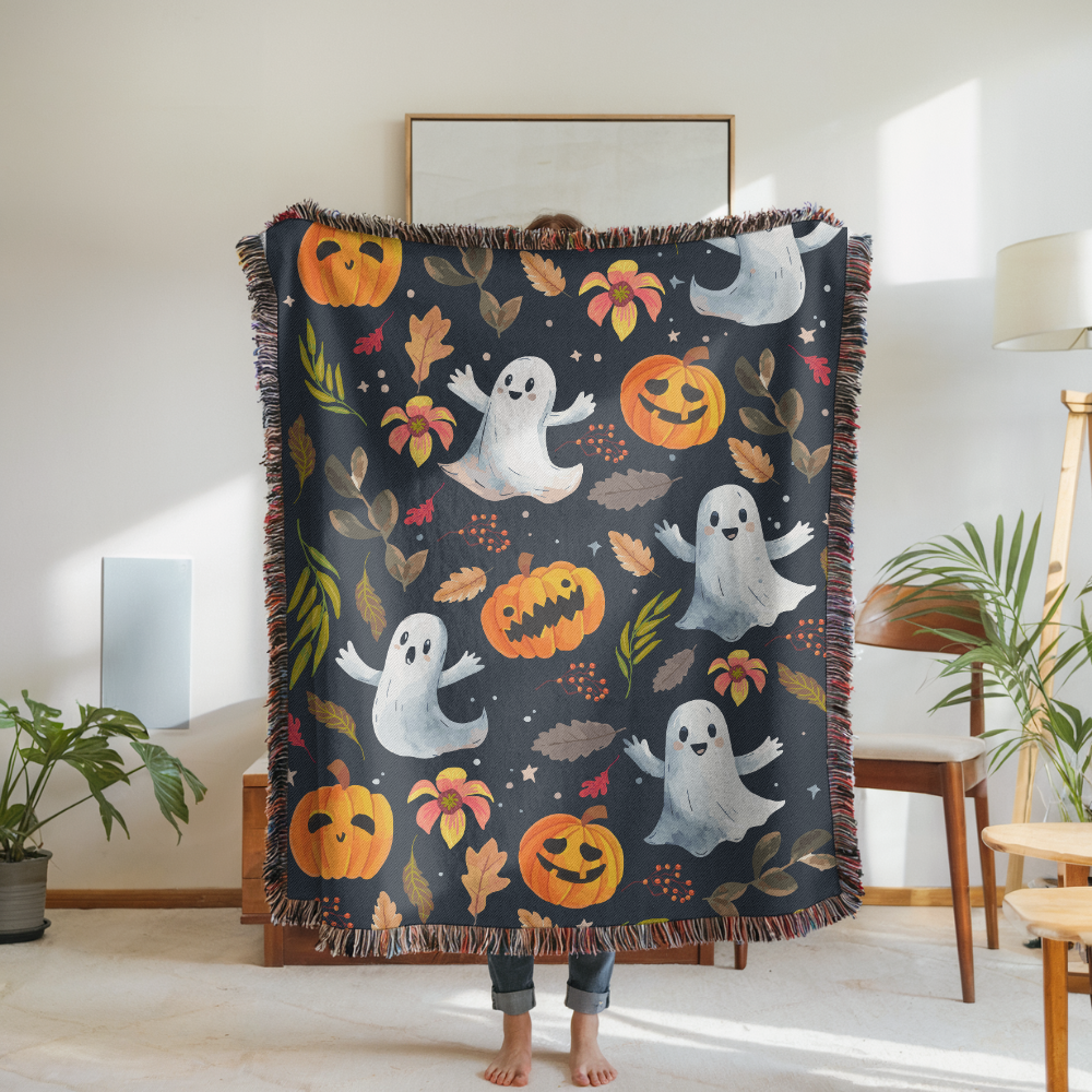 Halloween Ghost Pumpkin Woven Blanket, Cute Spooky Throw, Autumn Home Decor, Cozy Witchy Gift for Halloween Lovers, Ghostly Fall Decor
