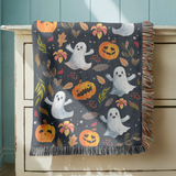 Halloween Ghost Pumpkin Woven Blanket, Cute Spooky Throw, Autumn Home Decor, Cozy Witchy Gift for Halloween Lovers, Ghostly Fall Decor